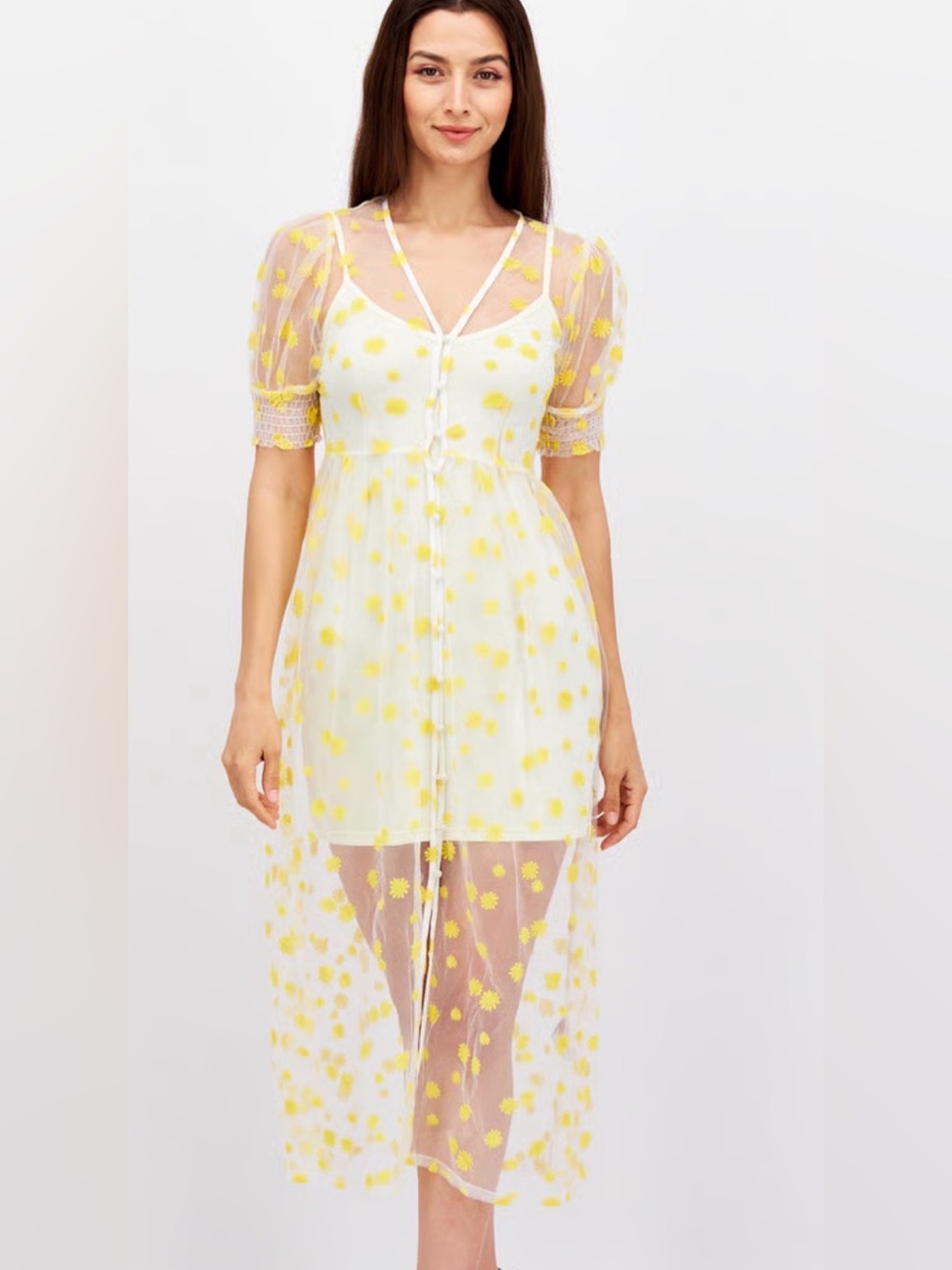 Never Fully Dressed White Sheer Dress with Yellow Floral Dots